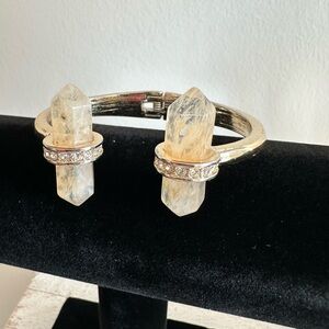 Gold Tone Hinge Cuff Bracelet with Crystals & Quartz Power Stone Ends – Chic